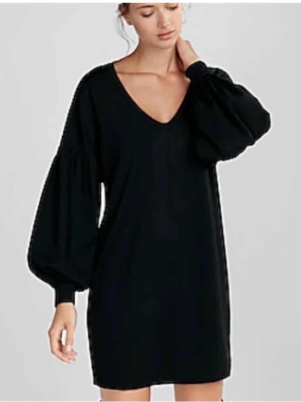 EXPRESS Women’s Black V-Neck Shirt Dress Balloon Sleeves Stretch Jersey Knit My
